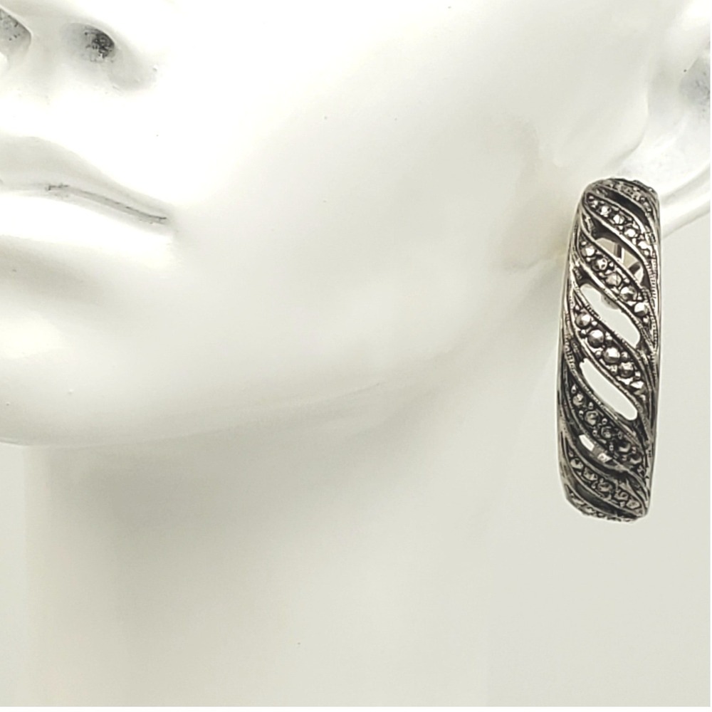 Avon Hoop Earrings Silver Tone Faux Marcasite Clip On Openwork Timeless Style 92